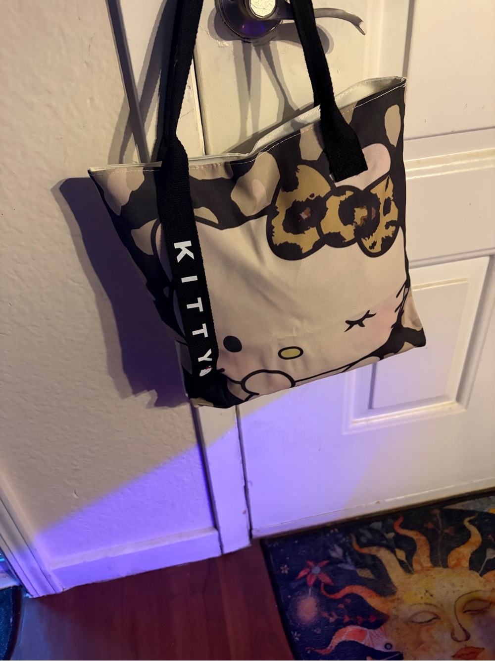 Hello Kitty Beige and Black Tote Bag with Leopard Bow Accent